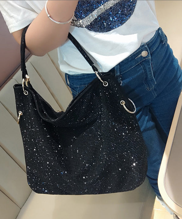 Casual Black Rhinestone Solid Durable Faux Leather Womens Shoulder Bags