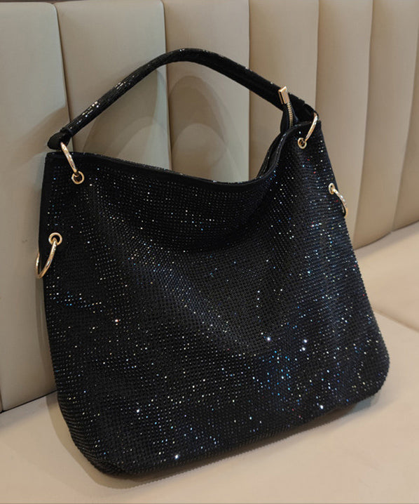 Casual Black Rhinestone Solid Durable Faux Leather Womens Shoulder Bags
