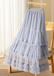 Casual Black Ruffled Elastic Waist Tulle Long Cake Skirts