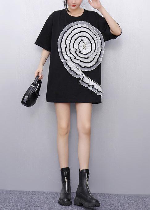 Casual Black Ruffled Patchwork Tulle Long Tops Summer