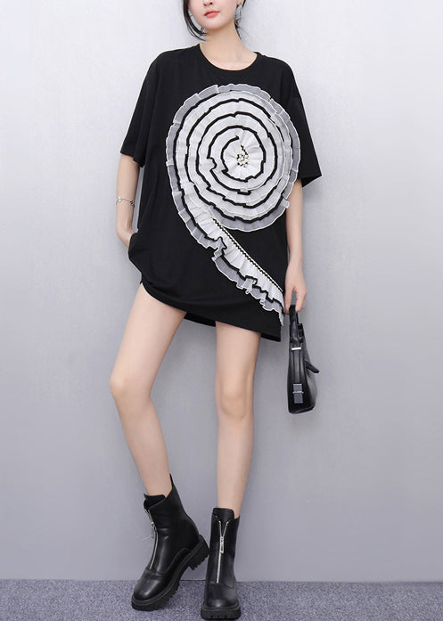 Casual Black Ruffled Patchwork Tulle Long Tops Summer