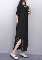 Casual Black Sequins Side Open Cotton Straight Dress Summer