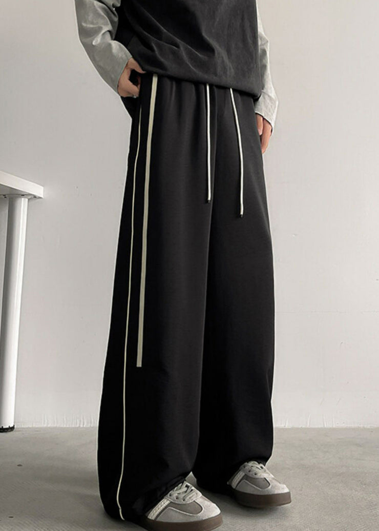 Casual Black Striped Elastic Waist Cotton Men Wide Leg Pants Summer