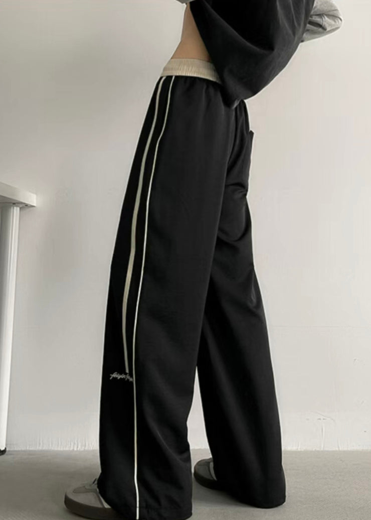 Casual Black Striped Elastic Waist Cotton Men Wide Leg Pants Summer