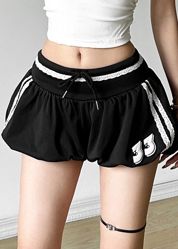 Casual Black Striped Elastic Waist Cotton Shorts Summer