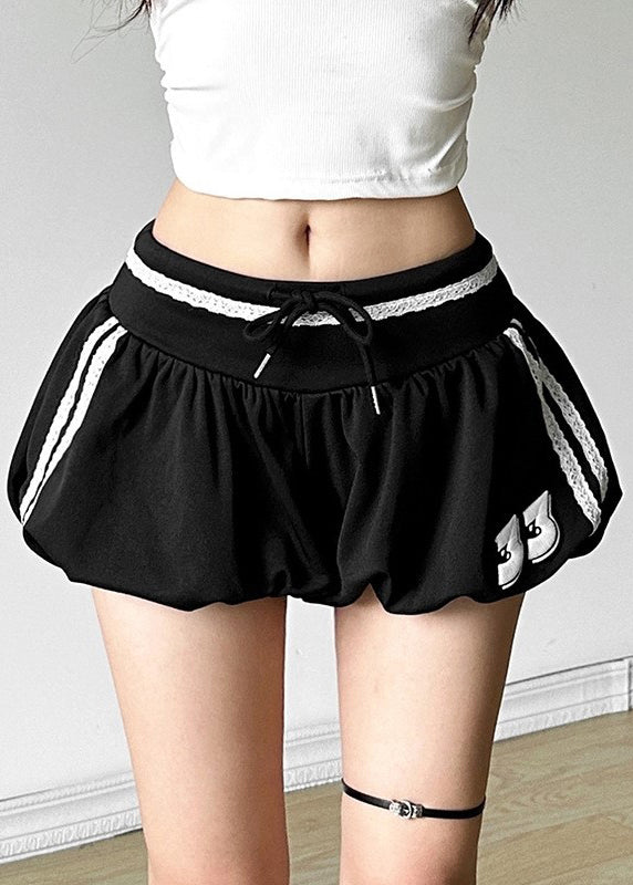 Casual Black Striped Elastic Waist Cotton Shorts Summer