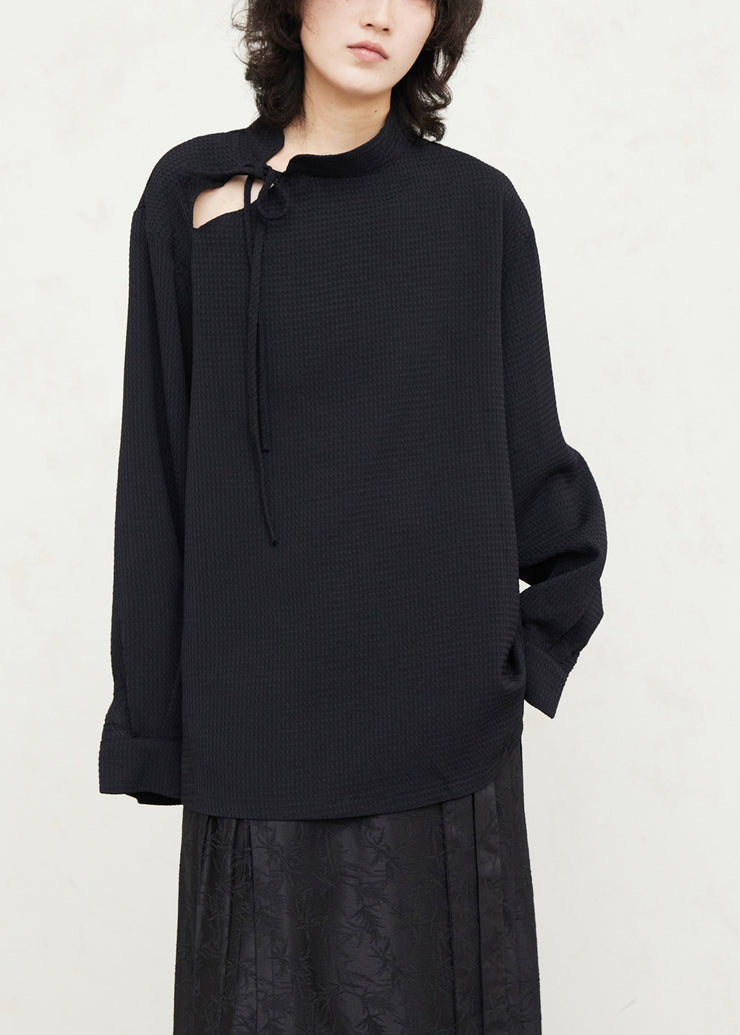 Casual Black Tie Lace Shirts Lantern Sleeve