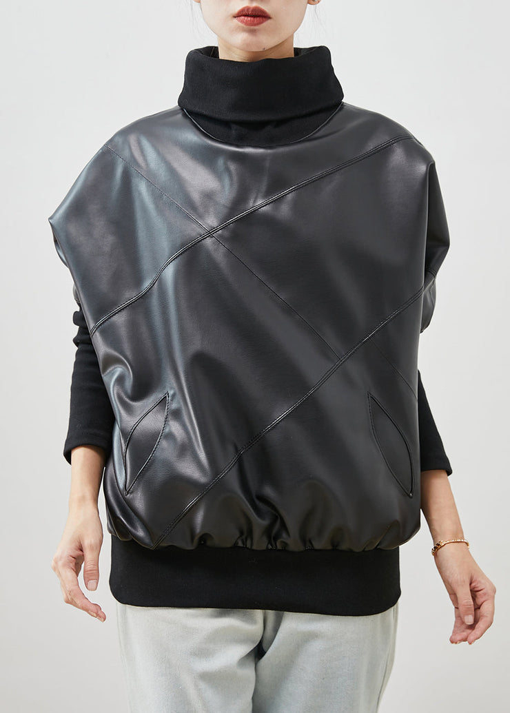 Casual Black Turtle Neck Patchwork Sheepskin Sweatshirt Spring