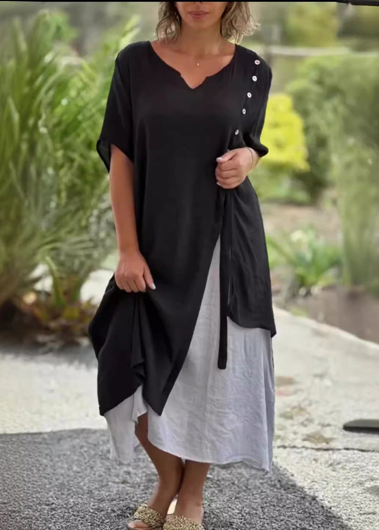 Casual Black V Neck Asymmetrical Patchwork Cotton Dress Summer