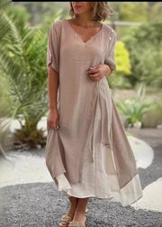 Casual Black V Neck Asymmetrical Patchwork Cotton Dress Summer