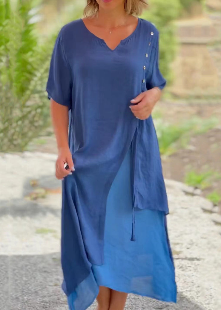 Casual Black V Neck Asymmetrical Patchwork Cotton Dress Summer