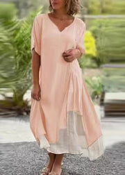 Casual Black V Neck Asymmetrical Patchwork Cotton Dress Summer