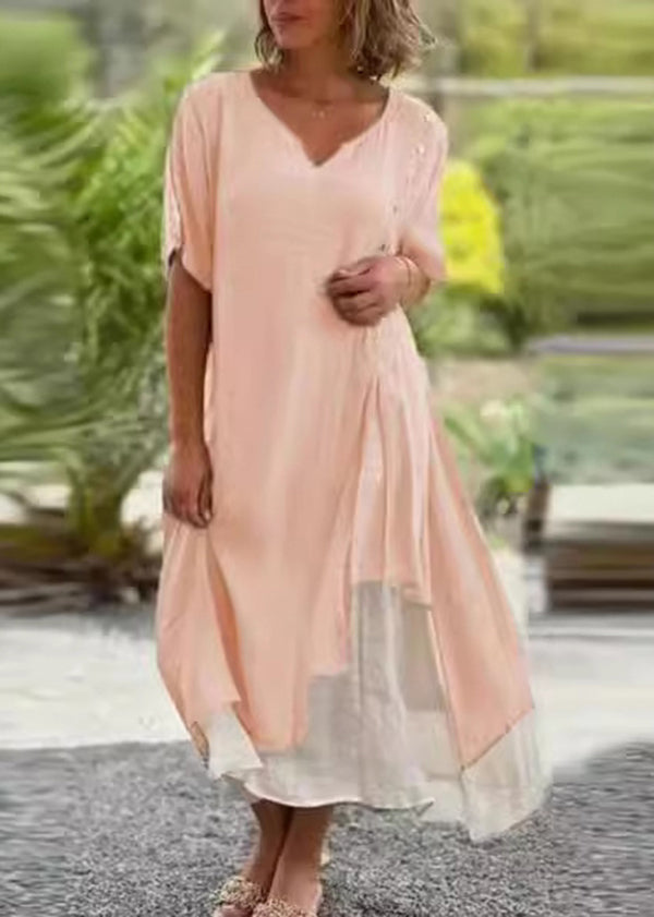 Casual Black V Neck Asymmetrical Patchwork Cotton Dress Summer