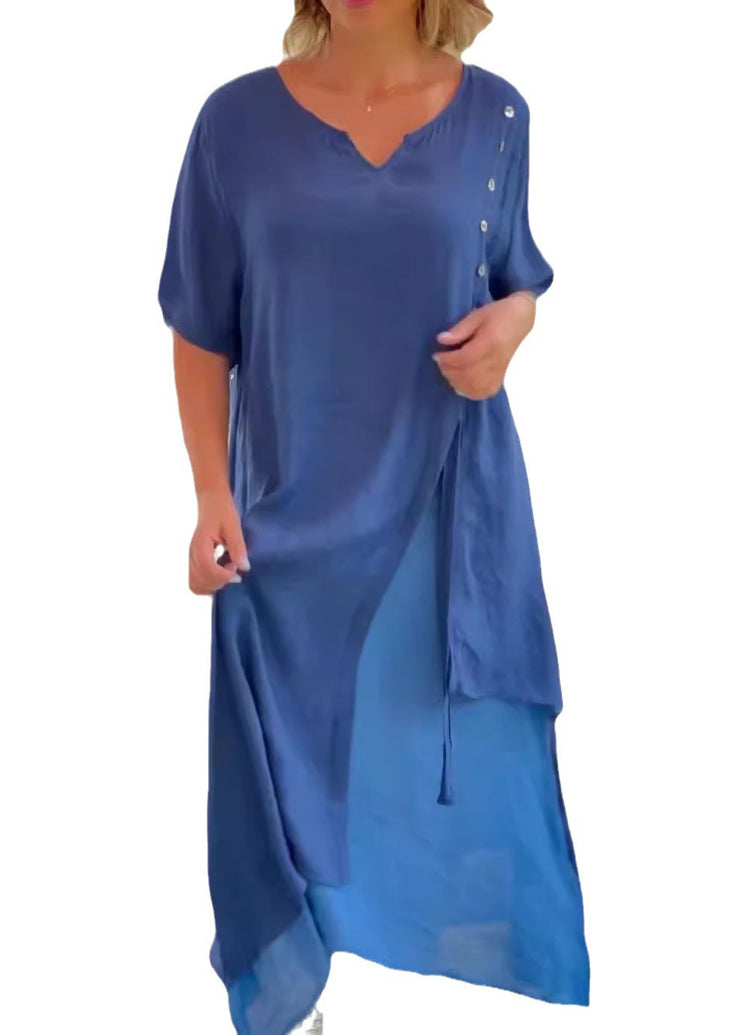 Casual Black V Neck Asymmetrical Patchwork Cotton Dress Summer