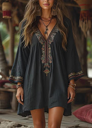 Casual Black V Neck Print Cotton Mid Dresses Summer