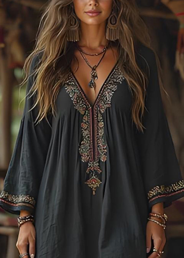 Casual Black V Neck Print Cotton Mid Dresses Summer