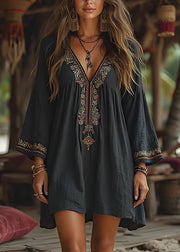Casual Black V Neck Print Cotton Mid Dresses Summer