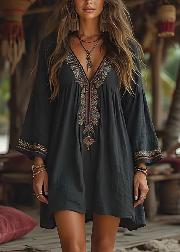 Casual Black V Neck Print Cotton Mid Dresses Summer