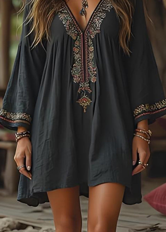 Casual Black V Neck Print Cotton Mid Dresses Summer