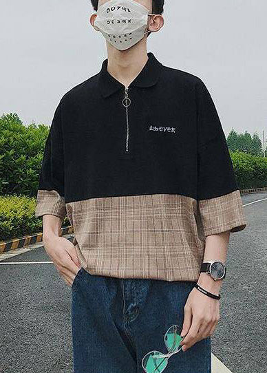 Casual Black Zip Up Patchwork Cotton Polo Shirts Men Apparel Summer