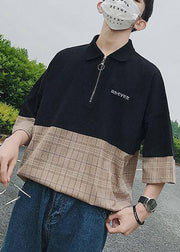 Casual Black Zip Up Patchwork Cotton Polo Shirts Men Apparel Summer