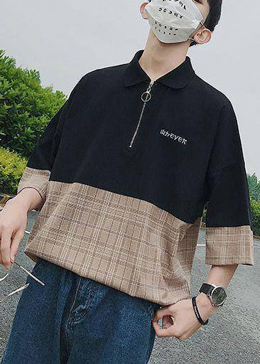Casual Black Zip Up Patchwork Cotton Polo Shirts Men Apparel Summer