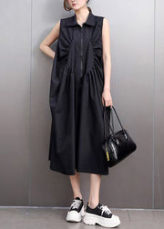 Casual Black Zip Up Wrinkled Cotton Maxi Dresses Sleeveless