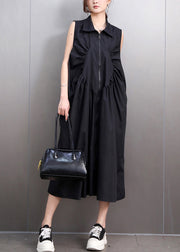 Casual Black Zip Up Wrinkled Cotton Maxi Dresses Sleeveless