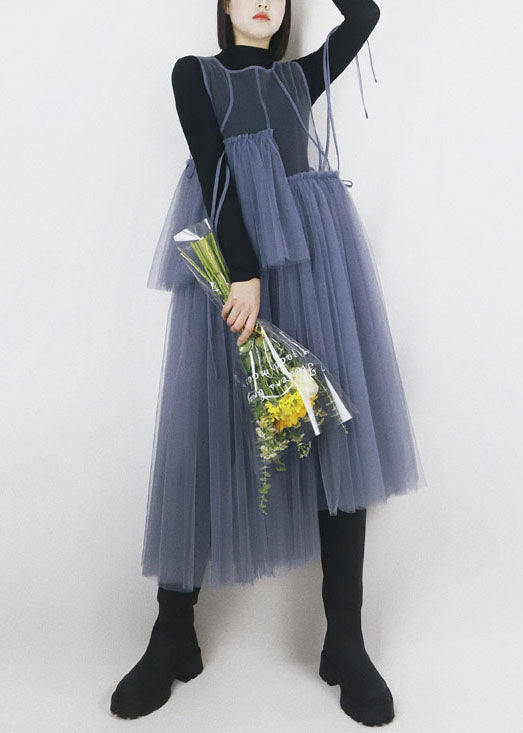 Casual Blue Asymmetrical Design Tulle Robe Dresses Long Smock Summer