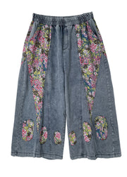 Casual Blue Elastic Waist Pockets Patchwork Crop Jeans Summer
