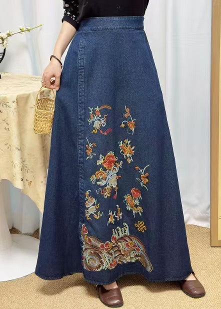 Casual Blue Embroidered Denim A Line Skirt Summer