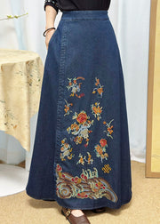Casual Blue Embroidered Denim A Line Skirt Summer