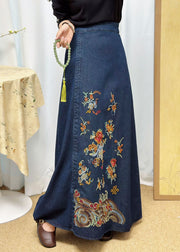 Casual Blue Embroidered Denim A Line Skirt Summer