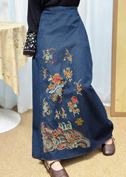 Casual Blue Embroidered Denim A Line Skirt Summer