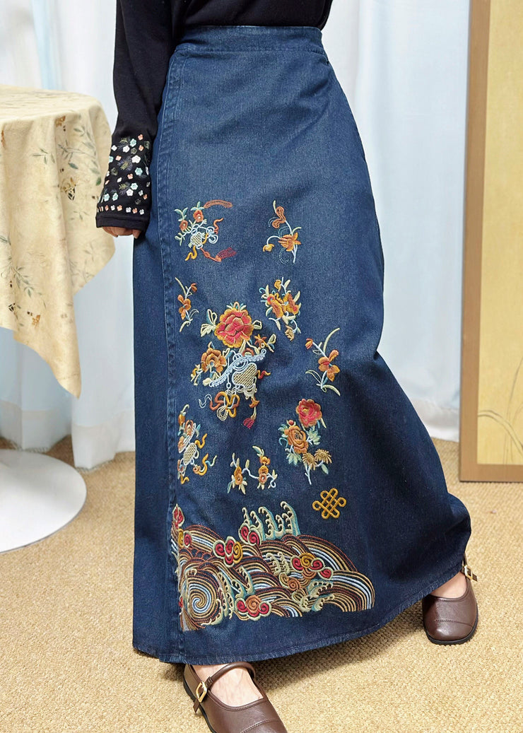 Casual Blue Embroidered Denim A Line Skirt Summer