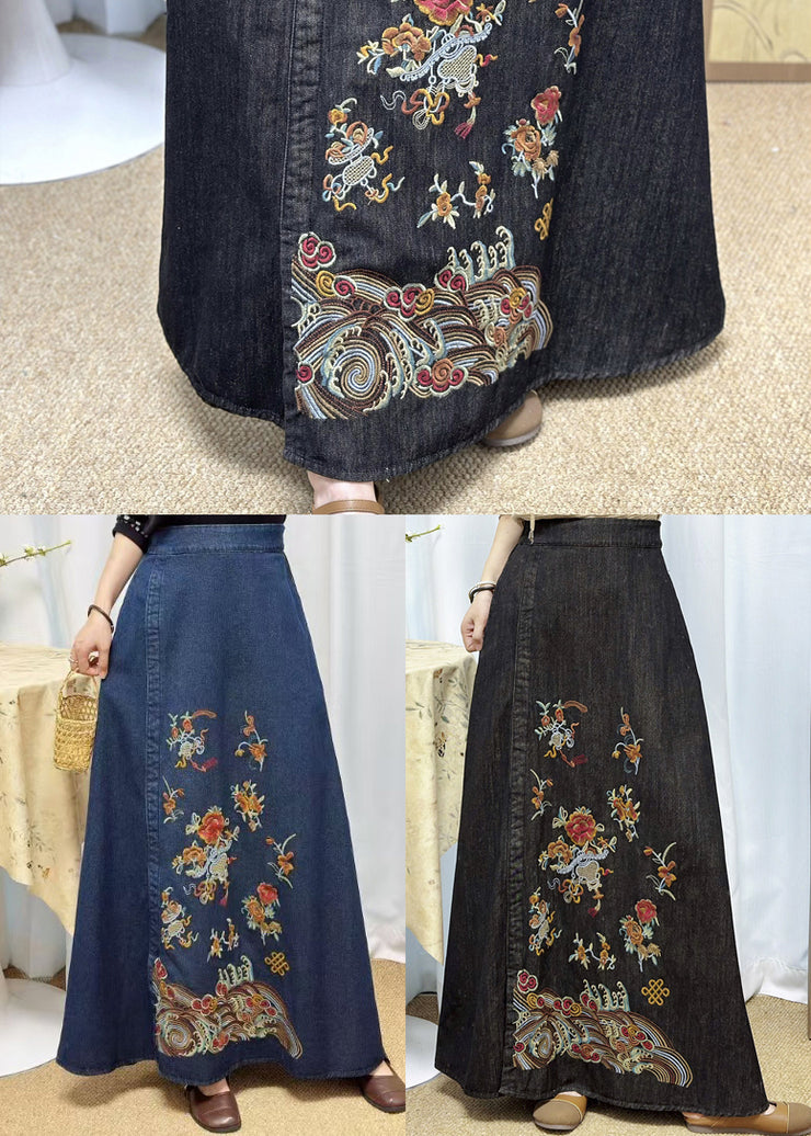 Casual Blue Embroidered Denim A Line Skirt Summer