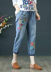 Casual Blue Embroidered Denim Ripped Pants Summer