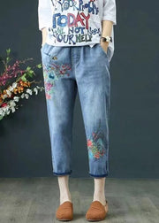 Casual Blue Embroidered Denim Ripped Pants Summer