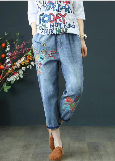 Casual Blue Embroidered Denim Ripped Pants Summer