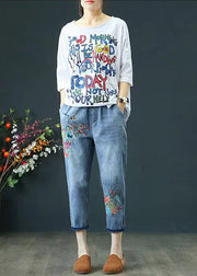 Casual Blue Embroidered Denim Ripped Pants Summer