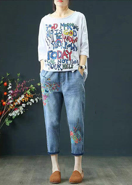 Casual Blue Embroidered Denim Ripped Pants Summer