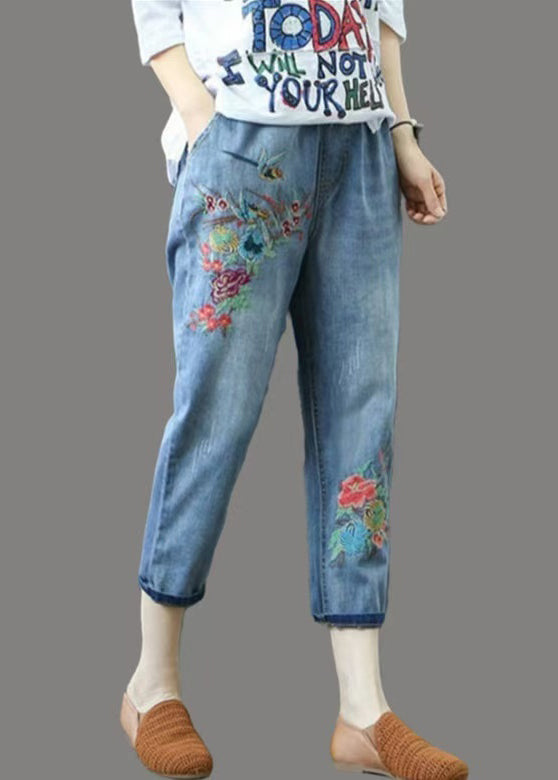 Casual Blue Embroidered Denim Ripped Pants Summer