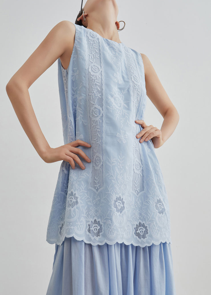 Casual Blue Embroidered Hollow Out Fake Two Pieces Long Dresses Sleeveless