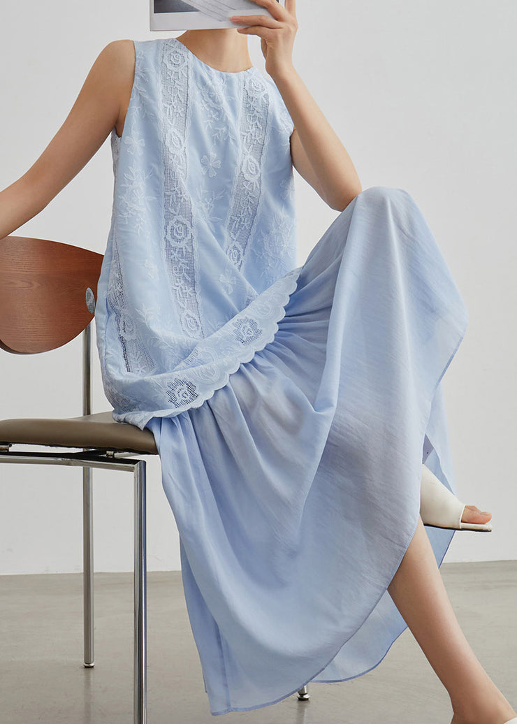 Casual Blue Embroidered Hollow Out Fake Two Pieces Long Dresses Sleeveless