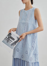 Casual Blue Embroidered Hollow Out Fake Two Pieces Long Dresses Sleeveless