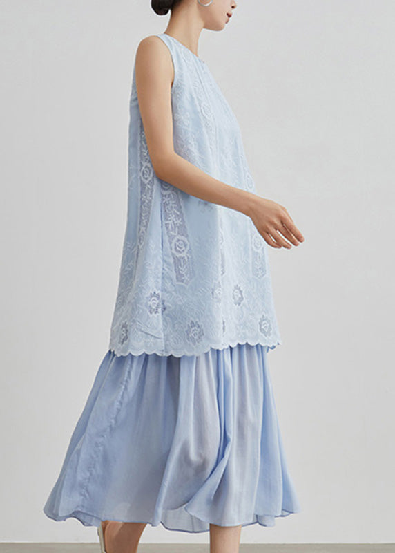 Casual Blue Embroidered Hollow Out Fake Two Pieces Long Dresses Sleeveless