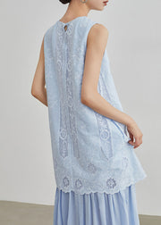 Casual Blue Embroidered Hollow Out Fake Two Pieces Long Dresses Sleeveless