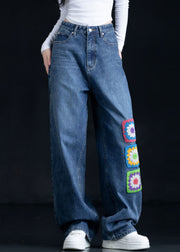 Casual Blue Embroidered Pockets Denim Straight Pants Fall