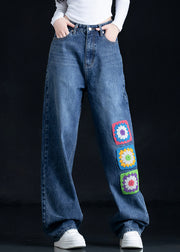 Casual Blue Embroidered Pockets Denim Straight Pants Fall