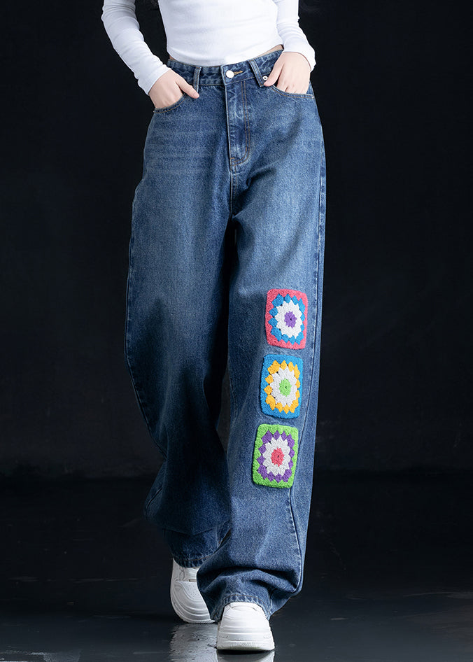 Casual Blue Embroidered Pockets Denim Straight Pants Fall